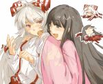  2girls bandaid bandaid_on_head black_hair blood blush bow brown_eyes chibi chibi_inset closed_eyes cloud_print collared_shirt fujiwara_no_mokou hair_bow hands_on_another&#039;s_shoulders hands_up highres houraisan_kaguya juliet_sleeves lei_niao3375 long_hair long_sleeves looking_at_another lying moon_print multiple_girls on_back on_stomach open_mouth pants parted_bangs pink_shirt puffy_long_sleeves puffy_sleeves red_eyes red_pants red_skirt shirt sidelocks simple_background skirt smile suspenders sweatdrop touhou upper_body white_background white_bow white_hair white_shirt wide_sleeves yuri 