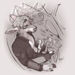 1:1 animal_genitalia animal_penis anthro antlers clothed clothing cockpit deer didgit equine_genitalia equine_penis erection genitals glistening glistening_eyes hi_res horn looking_at_viewer male male_anthro mammal monochrome mouth_closed narrowed_eyes open_clothing penis penis_poking_out seraphictiger sitting solo