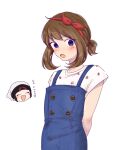  1girl :o absurdres bangs blue_eyes blue_overalls blush bow_hairband brendan_(pokemon) brown_hair buttons commentary_request eyelashes fang food_print hairband heart highres looking_at_viewer may_(pokemon) open_mouth overalls pokemon pokemon_adventures red_hairband shirt simple_background strawberry_print tsukimi_(tkm_516) white_background white_shirt 