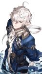  1boy alphinaud_leveilleur blue_coat blue_eyes closed_mouth coat collared_jacket collared_shirt cowboy_shot earrings elezen elf final_fantasy final_fantasy_xiv floating_hair gloves hair_over_one_eye hutaba_0718 jacket jewelry long_pointy_ears looking_ahead low_ponytail male_focus one_eye_covered open_clothes open_coat piercing pointy_ears ponytail popped_collar shirt simple_background single_earring solo white_background white_gloves white_hair white_shirt 