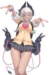  1girl absurdres alternate_costume arknights backpack bag black_skirt bow bowtie cardigan closed_eyes collared_shirt commission dark-skinned_female dark_skin dekka double_v dress extra_arms grin hair_bow head_wings highres miniskirt pink_bow pink_bowtie pixiv_commission pleated_dress raidian_(arknights) school_uniform shirt short_hair simple_background skirt smile solo striped_bow striped_bowtie striped_clothes v white_background white_shirt wings yellow_cardigan 
