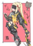  1girl black_gloves black_pants black_shrug blindfold blonde_hair camouflage camouflage_jacket camouflage_pants covered_eyes eye_mask fingerless_gloves gloves gun hair_ornament highres holding holding_gun holding_weapon jacket latex_pants long_hair navel pants ponytail shrug_(clothing) smile tight_clothes tight_pants triangle_hair_ornament trigger_(zenless_zone_zero) user_pjmm3847 w weapon zenless_zone_zero zipper_pull_tab 