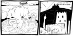 2025 anthro big_muscles canid canine comic dialogue duo english_text hi_res huge_muscles hyper hyper_muscles macro male mammal mercurialentropy monochrome muscular nude sun text tower