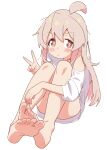  1girl absurdres ahoge bare_legs barefoot blush brown_eyes colored_inner_hair commentary convenient_leg feet full_body grey_hair highres long_hair looking_at_viewer multicolored_hair no_pants onii-chan_wa_oshimai! oyama_mahiro pink_hair pout shiina_excel shirt simple_background single_bare_shoulder single_off_shoulder sitting soles solo t-shirt toes two-tone_hair v white_background white_shirt 