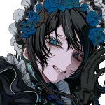  1girl ado_(utaite) aegyo_sal aishite_aishite_aishite_(vocaloid) black_dress black_gloves blue_eyes blue_flower blue_rose blush chando_(ado) clenched_teeth close-up commentary_request dress film_grain flower gloves looking_at_viewer maid_headdress mole mole_under_eye open_mouth oyashirazu_(adochan_daisuki) rose simple_background solo teeth thorns upper_body utaite white_background 