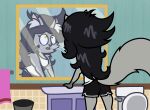 2024 anthro bathroom black_bottomwear black_clothing black_hair black_shorts bottomwear captainquack64 clothed clothed_anthro clothed_female clothing colored digital_drawing_(artwork) digital_media_(artwork) domestic_cat english_description fangs felid feline felis female fluffy fluffy_tail fully_clothed fully_clothed_anthro fully_clothed_female fur green_wall grey_body grey_fur grey_tail greycie_(captainquack64) hair hi_res inner_ear_fluff inside leaning_on_sink long_hair long_tail mammal mirror open_mouth pink_inner_ear pink_tongue pink_towel portrait shirt shorts sink solo standing tail tank_top teeth three-quarter_portrait tile tile_wall toilet tongue topwear towel trash_can tuft two_tone_tail wall_(structure) whiskers white_clothing white_inner_ear_fluff white_shirt white_tank_top white_topwear yellow_eyes