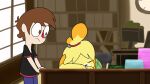 16:9 2019 4_fingers animal_crossing animated anthro bangs bell_hair_tie black_clothing black_eyes black_nose black_shirt black_t-shirt black_topwear blonde_hair blue_bottomwear blue_clothing blue_pants bottomwear bow_tie breathing brown_eyes canid canine canis chair clock closed_frown clothed clothed_anthro clothed_female clothed_human clothed_male clothing colored computer_monitor cookieboy011 desk digital_media_(artwork) domestic_dog duo english_description eye_roll eye_through_hair eyes_closed facial_markings female female_anthro fingers fluffy_ears frown fully_clothed fully_clothed_human fully_clothed_male furniture green_clothing green_topwear green_vest hair head_markings hi_res human inside isabelle_(animal_crossing) leaning_on_desk light lighting looking_at_another male male_human mammal markings mouth_closed multicolored_hair name_plate nintendo no_eyebrows no_pupils office_chair on_chair onomatopoeia orange_eyes orange_hair pants paper_pile ponytail pupils red_bow_tie red_hair_tie red_nose shaded shelf shih_tzu shirt short_hair sitting sitting_on_chair sleeping sound_effects standing startled story story_in_description t-shirt table tan_body tan_skin tapping text topwear toy_dog translucent translucent_hair triangle_nose two_tone_hair vest villager_(animal_crossing) wall_(structure) white_markings white_pupils widescreen window