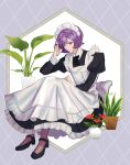  1boy alternate_costume apron artist_name back_bow black_dress black_ribbon black_shoes bow brown_pantyhose closed_mouth collared_dress commentary_request crossdressing dress enmaided frilled_apron frilled_dress frills full_body garma_zabi gundam hand_up highres juliet_sleeves long_sleeves looking_at_viewer maid maid_apron maid_headdress male_focus male_maid mary_janes mobile_suit_gundam neck_ribbon pantyhose plant potted_plant puffy_sleeves purple_background purple_eyes purple_hair ribbon shoes short_hair si_on_kk signature simple_background solo sweat twirling_hair white_apron white_background white_bow wing_collar 