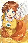  1girl blue_eyes breasts brooch brown_hair dress earrings flower_brooch flower_earrings gloves highres jewelry long_hair looking_at_viewer mario_(series) open_mouth orange_dress ponfu_y princess princess_daisy puffy_sleeves short_sleeves smile solo teeth white_gloves yellow_dress 