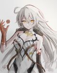  1girl absurdres ahoge ayateru_(ayaki_geme) bare_arms bare_shoulders black_fur breasts closed_mouth collarbone colored_skin commentary_request covered_navel cube expressionless floating fur_trim genshin_impact glowing glowing_eyes grey_background grey_hair hair_between_eyes hand_up highres large_breasts long_hair looking_at_viewer multicolored_skin orange_eyes powering_up shade simple_background solo two-tone_skin unknown_god_(genshin_impact) wavy_hair 