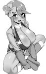  1girl absurdres bangs blush breasts flower greyscale hair_flower hair_ornament happy highres hotate-chan knees_apart_feet_together large_breasts looking_at_viewer monochrome open_mouth pokemon pokemon_(game) pokemon_bw sitting skyla_(pokemon) solo spread_legs thick_thighs thighs 