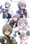  1girl bang_dream! bang_dream!_it&#039;s_mygo!!!!! blue_jacket blush brown_eyes closed_eyes collared_shirt crying crying_with_eyes_open earrings grey_hair grey_skirt highres holding holding_microphone jacket jewelry korean_text microphone multiple_views music open_mouth shirt sierit simple_background singing skirt takamatsu_tomori tears translation_request white_background white_shirt 