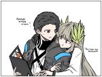  1boy 1girl arknights black_eyes black_hair black_jacket blush brown_eyes closed_mouth commentary doctor_(arknights) ear_blush elf english_commentary english_text famikaito grey_hair heads_together highres hug hug_from_behind jacket long_hair long_sleeves male_doctor_(arknights) mole mole_under_eye muelsyse_(arknights) open_mouth pointy_ears pout short_hair simple_background split_mouth twitter_username upper_body white_background 