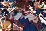  &gt;_&lt; 1girl absurdres alice_margatroid blonde_hair blue_background blue_dress blue_eyes bow capelet closed_mouth collared_capelet commentary contrapposto cowboy_shot danmaku dress dutch_angle frilled_hairband frills hair_between_eyes hair_bow hairband highres jewelry neckerchief pinafore_dress puppet_rings puppet_strings puppeteering red_bow red_hairband red_neckerchief red_sash ring sash serious shanghai_doll shirt short_sleeves sleeveless sleeveless_dress solo touhou tuck_(tuck23978434) two-tone_hairband wavy_hair white_capelet white_hairband white_shirt 
