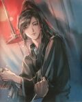  2boys androgynous black_hair black_hanfu chinese_clothes clothes_grab curtains dutch_angle faux_traditional_media grey_eyes hanfu high_ponytail highres holding holding_towel implied_yaoi indoors ink_wash_painting kcllzas163 lantern long_hair long_sleeves looking_at_viewer male_focus modao_zushi multiple_boys official_art out_of_frame paper_lantern parted_lips ponytail pov pov_hands robe smile solo_focus third-party_source towel upper_body water_drop wei_wuxian wide_sleeves wringing 