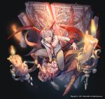  1boy 666:satan candle candlestand english_text grey_hair hair_between_eyes hero_cantare horns long_sleeves looking_at_viewer official_art open_mouth red_eyes red_horns red_wings smile teeth the_god_of_high_school wings yagaaaa 