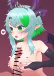  1girl absurdres bar_censor black_gloves blue_hair blush breasts bridal_gauntlets bsapricot_(vtuber) censored commentary_request demon_girl demon_horns demon_wings earrings elbow_gloves fang gloves green_eyes green_hair heart highres horns jewelry looking_at_another medium_breasts multicolored_hair multiple_horns nail_polish nanamiya_natsumi nipples paizuri penis pointy_ears purple_nails ring short_hair skin_fang solo_focus spoken_heart tiara two-tone_hair upper_body virtual_youtuber vshojo wings 