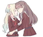  2girls blush brown_hair closed_eyes commentary dress face-to-face flower fujishima_megumi hair_flower hair_ornament hasu_no_sora_school_uniform highres imminent_kiss kisaragi_yukitora link!_like!_love_live! long_hair long_sleeves looking_at_another love_live! mira-cra_park! multiple_girls neckerchief open_mouth osawa_rurino pink_flower purple_eyes red_neckerchief sailor_collar sailor_dress school_uniform simple_background two_side_up virtual_youtuber white_background white_sailor_collar winter_uniform yuri 