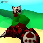 3d_(artwork) anthro bear big_breasts big_butt blue_eyes breasts breedbowl brown_body brown_fur butt butt_focus clothed clothing digital_media_(artwork) female forbidden_pants fully_clothed fur hand_on_butt hi_res kneeling looking_at_viewer looking_back looking_back_at_viewer low_poly mammal retro solo thick_thighs