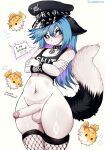 anthro balls belly black_body black_fur black_nose blue_hair bottom_heavy bottomless canid canine canis clothed clothing collar crossed_arms english_text erection eyebrows eyelashes femboy fish fishnet_clothing fishnet_legwear fluffy fluffy_tail fox fur genitals hair handwear hat headgear headwear hi_res humanoid_genitalia humanoid_penis inner_ear_fluff leather legwear long_hair male mammal marble_fox marine military_cap moisha_(tweenstrip) navel panties penis piercing red_fox russian_text shirt smile solo spikes symbol tail text thick_thighs thigh_highs topwear true_fox tuft tweenstrip underwear white_body white_fur wide_hips