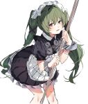  1girl absurdres apron black_dress blush broom corin_wickes cowboy_shot dress green_hair hair_between_eyes highres holding holding_broom katata long_hair looking_at_viewer maid maid_apron maid_headdress puffy_short_sleeves puffy_sleeves screw_hair_ornament short_sleeves twintails white_apron white_background zenless_zone_zero 