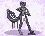 2013 andromorph anthro belly_tuft biped black_body black_hair black_nose black_pawpads brush colored countershade_torso countershading digitigrade fox0808 gender_transformation genitals goo_drip goo_transformation hair half-closed_eyes hyena intersex leopard_spots looking_down_at_self mammal markings mephitid mtf_transformation narrowed_eyes nude paintbrush pawpads sigma117 simple_background skunk skunk_tail smile solo species_transformation spots standing stripes tail transformation tuft vulva white_markings yellow_eyes
