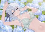  1girl arm_up armpits bare_shoulders blue_eyes blue_flower bra breasts closed_mouth commentary_request flower frilled_bra frills green_bra hair_ribbon highres hydrangea kurumi_lm long_hair looking_at_viewer medium_breasts navel original ribbon smile solo stomach underwear white_hair 