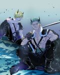  2boys abs black_boots black_gloves black_pants blonde_hair boots cape cigarette commentary_request curly_eyebrows earrings facial_hair fake_horns fur_cape gloves goatee green_hair hair_over_one_eye highres holding holding_cigarette holding_sword holding_weapon horns jewelry male_focus multiple_boys o-ring official_alternate_costume one_eye_closed one_piece pants rico_opps roronoa_zoro sanji_(one_piece) scar scar_across_eye scar_on_face short_hair shoulder_pads smirk smoke squatting stitched_torso stitches sword weapon 