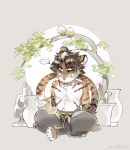  ... 1boy abs aged_down animal_ears animal_on_head animal_on_lap arknights bird chinese_commentary claws closed_eyes commentary_request furry furry_male highres huai_tianpei_(arknights) indian_style looking_at_animal male_focus nipples on_floor on_head on_lap pectorals sitting speech_bubble spoken_ellipsis squirrel tail tiger_boy tiger_ears tiger_stripes tiger_tail toned toned_male vase watermark weibo_watermark yi_tan_a_mi_ba 