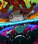  absurdres copy_ability embers from_behind green_hat haruneko_(haruto_56789) hat highres holding holding_sword holding_weapon interdimensional_magolor kirby kirby&#039;s_return_to_dream_land_deluxe kirby_(series) magolor magolor_epilogue magolor_soul master_crown master_crown_(tree) no_humans one-eyed pom_pom_(clothes) rayman_limbs rotational_symmetry sparkle star_(sky) sword sword_kirby torn_clothes tree weapon 
