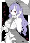  1girl ahoge ascot black_hairband bow bowtie center_frills commentary cowboy_shot dress drill_hair frills hairband highres holding holding_umbrella long_hair mole mole_under_eye pointy_ears purple_hair red_eyes shrug_(clothing) sideboob_cutout twin_drills umbrella user_pjmm3847 vivian_banshee white_shrug zenless_zone_zero 