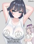  2girls :3 absurdres alternate_costume arms_behind_head arms_up artist_name blue_eyes blue_hair blush breasts closed_eyes clothes_writing collarbone critical_failure critical_hit crossed_arms d20_(die) dice english_text flat_chest gem_hair_ornament hair_flaps hair_intakes hair_ornament half-closed_eyes highres hololive hololive_english koseki_bijou large_breasts long_eyelashes long_hair long_sidelocks looking_at_viewer multiple_girls ouro_kronii pink_hair polyhedral_dice pout raised_eyebrows ribbon_earrings shirt short_hair short_sleeves sidelocks simple_background sketch thick_eyelashes twitter_username very_long_hair virtual_youtuber white_background white_shirt yahnuko 