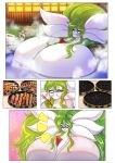alcohol anthro arinadler bathing bathrobe beverage big_breasts blush breasts chest_spike cleavage clothed clothing comic eating eating_food eyes_closed eyewear female food gardevoir generation_3_pokemon glasses green_body green_hair hair heart_symbol hi_res huge_breasts hyper hyper_breasts leaning leaning_backward long_hair looking_at_breasts looking_at_own_breasts looking_at_self multicolored_body nintendo nude open_mouth orchid_(pelleelle) pokemon pokemon_(species) red_eyes robe sake shaking_breasts smile solo spikes spikes_(anatomy) steam surprised_expression white_body