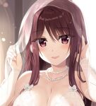  1girl :d bare_shoulders blush bosei_kanojo_-shikyuu_kikan-hen- breasts bridal_veil brown_eyes brown_hair cleavage collarbone commentary_request cropped hair_between_eyes hands_up jewelry large_breasts long_hair looking_at_viewer necklace official_art open_mouth oryo_(oryo04) pearl_necklace see-through_clothes see-through_veil smile solo tachibana_miori veil white_veil 