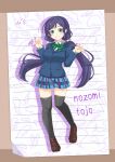  1girl black_thighhighs blazer blue_jacket blue_skirt border bow bowtie breasts brown_border brown_shoes character_name claw_pose collared_shirt commentary_request diagonal-striped_bow diagonal-striped_bowtie diagonal-striped_clothes dress_shirt full_body green_bow green_bowtie green_eyes grin groping_motion highres jacket large_breasts lined_paper loafers long_hair looking_at_viewer love_live! love_live!_school_idol_project low_twintails matsurugi_tsukasa miniskirt otonokizaka_school_uniform plaid_clothes plaid_skirt pleated_skirt purple_hair school_uniform shirt shoes skirt smile solo striped_clothes thighhighs tojo_nozomi twintails very_long_hair white_shirt winter_uniform zettai_ryouiki 