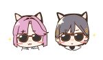  2girls :&gt; :3 absurdres anyoji_hime blunt_sidelocks blush_stickers brown-framed_eyewear chibi chibi_only closed_mouth facing_viewer grey_hair hair_intakes hair_ornament hasu_no_sora_school_uniform highres hood hooded_jacket jacket kanzaki_gou katsuragi_izumi link!_like!_love_live! long_hair looking_at_viewer love_live! multiple_girls pink_hair sailor_collar school_uniform sidelocks simple_background smile sparkle summer_uniform sunglasses triangle_hair_ornament turtleneck virtual_youtuber white_background white_jacket white_sailor_collar 