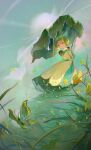  1girl absurdres afk_(series) afk_journey aqua_eyes braid braided_hair_rings brown_hair bug butterfly cloud cloudy_sky cupi_cupidi day dress flower forehead forehead_jewel from_below full_body grass green_theme hair_rings hewynn_(afk) highres holding holding_leaf jewelry layered_sleeves leaf leaf_umbrella light_rays long_sleeves looking_to_the_side open_mouth outdoors puffy_short_sleeves puffy_sleeves short_eyebrows short_hair short_over_long_sleeves short_sleeves sky solo standing sun_shower sunbeam sunlight thick_eyebrows twin_braids white_dress yellow_flower yellow_petals 