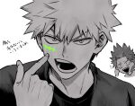  2boys bakugou_katsuki black_shirt boku_no_hero_academia fufufu3561 greyscale kirishima_eijiro looking_at_viewer male_focus monochrome multiple_boys open_mouth pointing pointing_at_self sharp_teeth shirt short_hair simple_background spiked_hair spot_color teeth translation_request upper_teeth_only white_background 