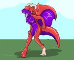2014 3_toes 4_toes anthro areola biped breasts colored countershade_face countershade_neck countershade_tail countershade_torso countershade_wings countershading dragon feet female fox0808 genitals glistening glistening_body glistening_tail goo_transformation grass green_eyes hand_on_leg hand_on_own_leg hand_on_own_tail horn knock-kneed latex_body looking_down_at_self mid_transformation mythological_creature mythological_scalie mythology navel nipples non-mammal_breasts non-mammal_navel non-mammal_nipples non-mammal_vulva nude open_mouth outside plant purple_body purple_countershading red_body scales scalie shadow sky snout solo standing tail three-quarter_view toes tongue tongue_out transformation ventral_scales vulva wings