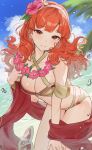  1girl alternate_costume beach bikini bracelet breasts brown_bikini bubble celica_(fire_emblem) celica_(summer)_(fire_emblem) cleavage cloud criss-cross_halter fire_emblem fire_emblem_echoes:_shadows_of_valentia fire_emblem_heroes flower flower_hairband flower_necklace hairband halterneck haru_(nakajou-28) highres jewelry lei medium_breasts necklace official_alternate_costume palm_tree red_eyes red_hair sash solo swimsuit tree water 