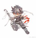  1boy arknights black_boots black_gloves black_shirt black_vest boots chibi chinese_commentary closed_mouth commentary_request demon_boy demon_horns demon_tail earrings fingerless_gloves gloves hammer highres horns jewelry looking_at_viewer male_focus nail_polish odda_(arknights) pointy_ears shirt sleeveless sleeveless_shirt tail vest watermark weibo_watermark white_background yi_tan_a_mi_ba 