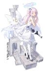  1girl absurdres arnold-s bare_arms bare_shoulders black_shoes blue_archive blush dress feathered_wings finger_to_mouth flower gun hair_bun hair_flower hair_ornament high_heels highres holding holding_gun holding_weapon lanchester_smg long_hair looking_at_viewer mika_(blue_archive) one_eye_closed open_mouth pantyhose pink_hair purple_flower scrunchie shoes shushing sidelocks single_side_bun sleeveless sleeveless_dress solo submachine_gun weapon white_dress white_pantyhose white_scrunchie wings yellow_eyes 