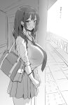  1girl absurdres bag blush bra_visible_through_clothes breasts collared_shirt greyscale highres hotate-chan huge_breasts long_hair looking_at_viewer loose_necktie monochrome necktie original pleated_skirt railroad_tracks school_bag school_uniform see-through shirt sidelocks skirt sleeves_rolled_up smile solo standing train_station translated 