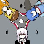 3girls animal_ears black_jacket blonde_hair blue_dress blue_hair brown_hat closed_eyes closed_mouth collarbone collared_shirt crescent dango dress earclip food full_moon grey_background hair_between_eyes hammer hat highres holding holding_hammer holding_skewer holding_weapon jacket lei_niao3375 long_hair looking_at_viewer looking_to_the_side low_twintails moon moon_phases multiple_girls necktie open_mouth orange_shirt puffy_short_sleeves puffy_sleeves purple_hair rabbit_ears rabbit_girl red_eyes red_necktie reisen_udongein_inaba ringo_(touhou) seiran_(touhou) shirt short_hair short_sleeves sidelocks simple_background skewer smile t-shirt touhou twintails upper_body visor_cap wagashi weapon white_shirt 