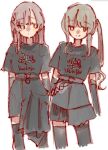  2girls alternate_hairstyle arms_at_sides assault_lily belt black_hair black_shirt black_skirt black_thighhighs braid brown_hair closed_mouth commentary_request cropped_arms cropped_torso detached_sleeves floral_print green_eyes grey_belt heterochromia highres kuo_shenlin long_sleeves looking_at_another looking_to_the_side multiple_girls no_pupils o-ring o-ring_belt pink_eyes print_shirt raised_eyebrows rui_rui_rui0122 shirt short_sleeves side-by-side side_ponytail sidelocks sideways_glance simple_background single_braid skirt standing thighhighs wang_yujia white_background yellow_4 