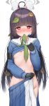  1girl absurdres ahoge black_gloves black_hair blue_archive blue_serafuku blue_shirt blue_skirt blush breasts clothes_lift commentary_request footprints gloves green_neckerchief groin hair_intakes halo headgear headset highres leaf leaf_on_head long_hair long_sleeves looking_at_viewer miyu_(blue_archive) navel neckerchief nose_blush open_clothes open_skirt pleated_skirt puffy_long_sleeves puffy_sleeves red_eyes sailor_collar school_uniform serafuku shirt shirt_lift simple_background skirt sleeves_past_wrists small_breasts solo underboob very_long_hair white_background white_sailor_collar yaosera 