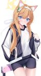  1girl absurdres animal_ear_fluff animal_ears black_jacket black_shorts blue_archive blue_eyes blush cat_ears commentary_request flower gym_uniform hair_flower hair_ornament hairband halo highres jacket looking_at_viewer mari_(blue_archive) mari_(track)_(blue_archive) nosuke_tmg open_clothes open_jacket partial_commentary shirt shorts simple_background solo sweatdrop thighs track_jacket white_background white_flower white_hairband white_shirt yellow_halo 