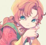  1girl 29qmatatavi bonnet collarbone curly_hair dragon_quest dragon_quest_vii frown green_eyes green_tabard hand_on_own_cheek hand_on_own_face long_hair looking_to_the_side maribel_(dq7) orange_hair orange_sleeves red_shirt shirt solo tabard upper_body white_background yellow_bonnet 
