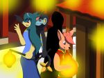 2016 4:3 anthro asian_clothing background_character biped black_hair bottomwear chinese_clothing chinese_new_year cindy_(swack16) clothed clothing colored east_asian_clothing female fully_clothed gesture green_hair group hair hand_gesture hi_res holding_object holidays john_(swack16) lamp lantern lina_(swack16) looking_at_object male markings open_mouth orange_body orange_hair outside pants paws pointing red_eyes red_sclera shirt smile standing tail topwear trio waving wolferion yellow_body yellow_markings