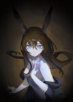  1girl absurdres amiya_(arknights) animal_ear_fluff animal_ears arknights blue_eyes breasts brown_background brown_hair hair_between_eyes hair_over_breasts hair_over_one_breast hand_up highres jewelry jiuxiaoshi long_hair looking_at_viewer multiple_rings parted_lips rabbit_ears rabbit_girl ring solo teeth upper_body 